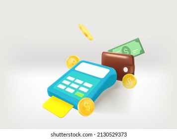 Payment terminal witn wallet, coins, card and banknote. 3d vector illustration