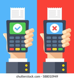 Payment terminals with cross and tick check marks on screen. Hands holding POS terminals with receipts. Rejected and approved payment concepts. Modern flat design graphic elements. Vector illustration