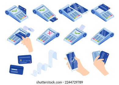 Payment terminals flat icons set. Near field communication technology. Wireless banking system. Successful transaction. Credit card and automated teller machine. Color isolated illustrations