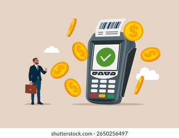 Payment terminals with tick check marks on screen for, social media, documents, posters. Confirms the payment by debit credit card, money, security. Flat vector illustration