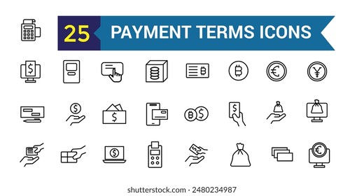 Payment terms icons set outline vector. Card credit. Document recharge. Outline icon collection. Editable stroke.
