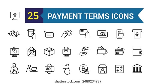 Payment terms icons set outline vector. Card credit. Document recharge. Outline icon collection. Editable stroke.