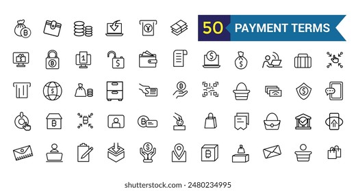 Payment terms icons set outline vector. Card credit. Document recharge. Outline icon collection. Editable stroke.