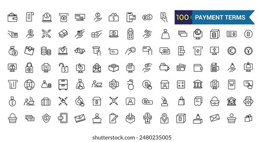 Los iconos de Términos de pago establecen el Vector de esquema. Crédito de tarjeta. Recarga de documentos. Colección de iconos de esquema. Trazo editable.