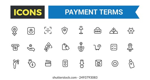 Los iconos de Términos de pago establecen el Vector de esquema. Tarjeta de crédito, recarga de documentos. Paquete de iconos de esquema. Conjunto de iconos de línea de Vector editable e ilustración.