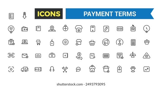 Los iconos de Términos de pago establecen el Vector de esquema. Tarjeta de crédito, recarga de documentos. Paquete de iconos de esquema. Conjunto de iconos de línea de Vector editable e ilustración.