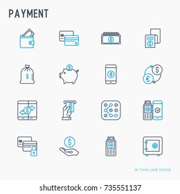 Payment thin line icons set: credit card, money flow, saving, atm, mobile payment. Vector illustration.