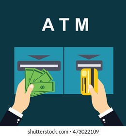 Payment through the ATM terminal. Getting money from an card. Vector illustration
