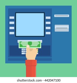 Payment through ATM, withdrawal of money via terminal. Simple, flat style. Graphic vector illustration.