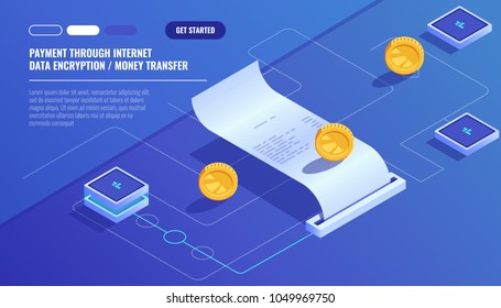 Payment through internet, data encryption money transfer, pay electronic bill, paper receipt of buy isometric vector technology