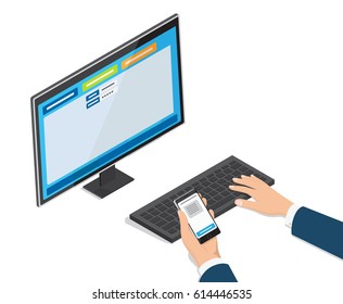 Payment through online banking website on monitor on white background. Vector illustration of humans hand holding black mobilephone and entering password on stationary computer graphic flat design.