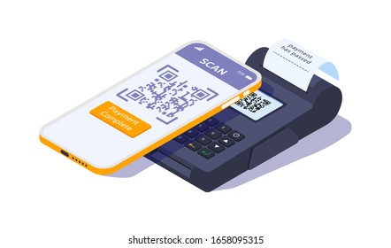 Payment through QR code scanning. Modern vector isometric illustration. Include phone with scanner application and payment terminal. 