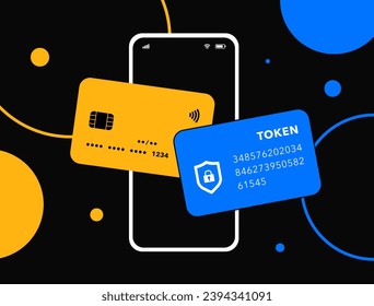 Payment tokenization - safeguard cardholder data with algorithmically generated tokens. Payment Card Data Tokenization Vector illustration isolated on black background with icons
