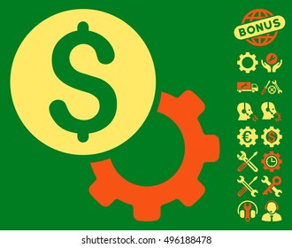 Payment Tools icon with bonus tools design elements. Vector illustration style is flat iconic bicolor symbols, orange and yellow colors, green background.