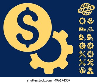 Payment Tools icon with bonus tools design elements. Vector illustration style is flat iconic symbols, yellow color, blue background.