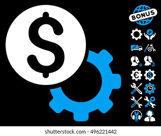 Payment Tools pictograph with bonus tools design elements. Vector illustration style is flat iconic bicolor symbols, blue and white colors, black background.