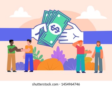 Payment, trade, return debt or pay taxes concept. Group of people stand near big hands with cash. Poster for social media, web page, banner, presentation. Flat design vector illustration