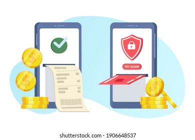 Payment transaction cancelled or rejected and approved. Online payments, money transfer, money transaction online. Vector illustration.