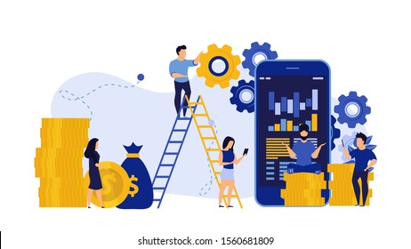 Payment transaction cash vector banking illustration phone. People pay on computer cashless online money.  Mobile finance digital technology service transfer. Smartphone purchase app banner