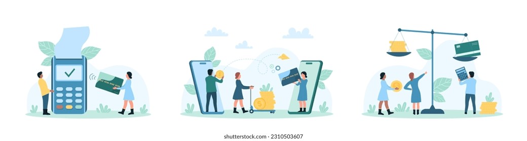 Payment and transaction with credit card set vector illustration. Cartoon tiny people pay for purchases with POS terminal, transfer money from wallet in bank account, weigh coins and credit cards