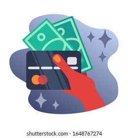 Payment transaction flat icon, vector sign,  Hand with credit card and cash money colorful pictogram isolated on white. Banking and finance symbol, logo illustration. Flat style design