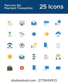 Payment transaction and money transfer, digital banking and e-wallet flat icon set. Secure electronic payment and finance, mobile shopping and retail checkout colorful vector illustration