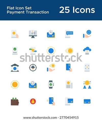Payment transaction and money transfer, digital banking and e-wallet flat icon set. Secure electronic payment and finance, mobile shopping and retail checkout colorful vector illustration