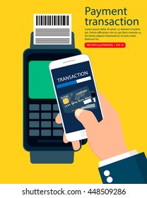 Payment transaction with smartphone, vector illustration. Flat design.