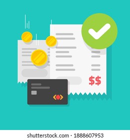 Payment transaction success approved check mark notice on receipt bill invoice via credit bank card vector flat cartoon icon, completed money transfer, valid verified checkmark on successful paid