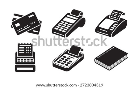 Payment and transaction tool object silhouette set of credit card, pos terminal, receipt, cash register