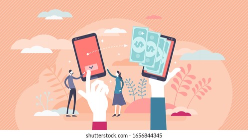 Payment transfer concept, flat tiny persons vector illustrations. Digital wallet operations between peers. Abstract stylized money transaction process. Adding funds and refilling personal bank account