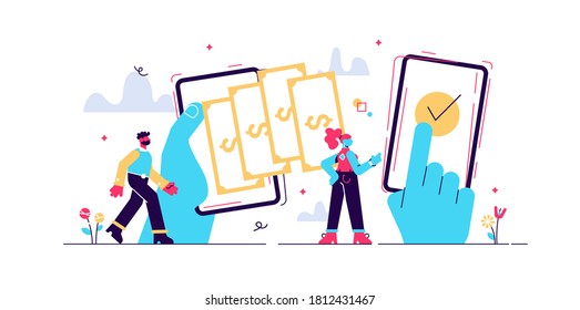 Payment transfer concept, flat tiny persons vector illustrations. Digital wallet operations between peers. Abstract stylized money transaction process. Adding funds and refilling personal bank account