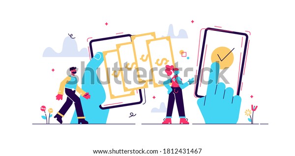 平らな小人のベクターイラストで 支払い転送コンセプト ピア間のデジタルウォレット操作 抽象的なスタイル化されたお金の取引プロセス 資金の追加と個人の銀行口座の補充 のベクター画像素材 ロイヤリティフリー