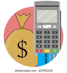 Payment and transfer of money by credit card and terminal. Send money and remittance, bank transfer and money transaction, vector illustration