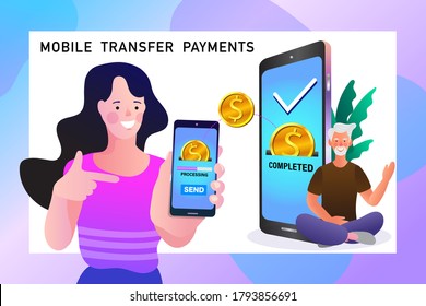 Transferencia de pago. Personas enviando y recibiendo dinero inalámbrico con sus teléfonos móviles. Vector de estilo plano.