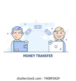 Payment Transfer. People Sending And Receiving Money.Transfer Money From Wallet To The Computer.Isolated Flat Vector Illustration In Light Color