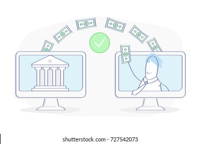 Payment Transfer Technology, Sending and Receiving money, Transaction, Savings, Bank Deposit vector set. Bank building on computer display and cute cartoon character with money on another.