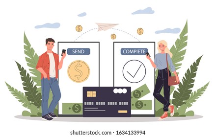 Payment transfer vector illustration. Mobile phone users sending money to each other. Financial transaction system for electronic wallet, online banking concept