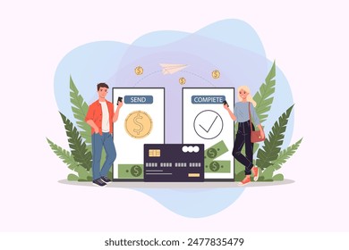 Payment transfer vector illustration. Mobile phone users sending money to each other. Financial transaction system for electronic wallet, online banking concept