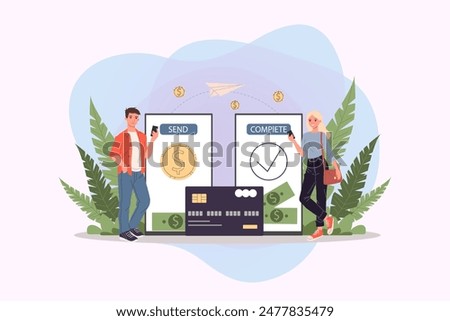 Payment transfer vector illustration. Mobile phone users sending money to each other. Financial transaction system for electronic wallet, online banking concept