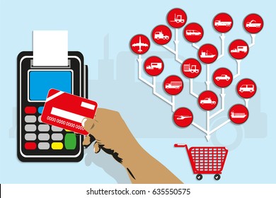Payment for transportation services with a plastic card. Vector illustration.