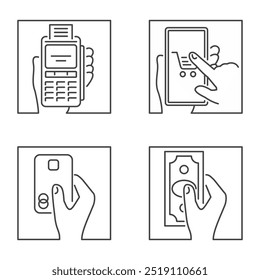 Payment types square icons set in thin line - by card, cash, terminal, mobile application. Pictograms for website