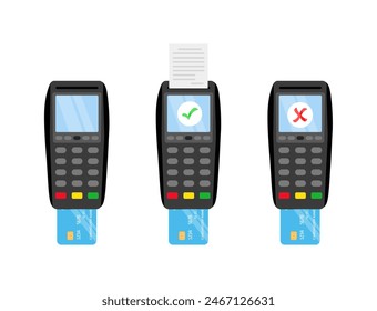 Payment using a credit card machine, approved and rejected payment. Credit card machine isolated on white background. Vector illustration