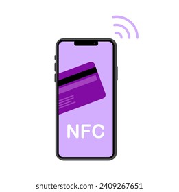 Payment using NFS by phone. Flat, purple, phone screen, NFS and bank card on the phone screen, payment using NFS. Vector icon