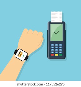 Payment using smart watches, NFC technology. Vector illustration in flat style