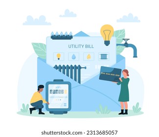 Payment for utilities vector illustration. Cartoon tiny people hold electric meter and credit card to pay for recurring consumption of electricity, gas and water, paper utility bill in mail envelope