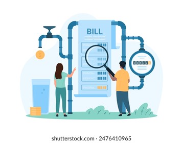 Pago de la factura de servicios públicos, economía. Las personas pequeñas monitorean el consumo de agua y comprueban las lecturas en el dial del medidor de agua, revisan el Comprobante de papel con lupa para pagar dinero Ilustración vectorial de dibujos animados