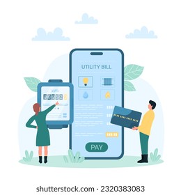 Payment of utility bills in mobile app vector illustration. Cartoon tiny people check electric meter readings, hold credit card to pay for natural resources consumption through smartphone application