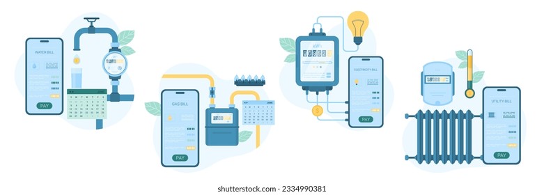 Payment of utility bills in mobile apps set vector illustration. Cartoon smartphones with applications for monitoring consumption and paying for water and gas, heating and electricity services