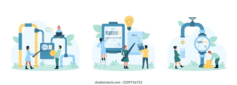 Payment of utility bills set vector illustration. Cartoon tiny people check meter readings and consumption of electricity, gas and water in household, customers pay money online for supply service